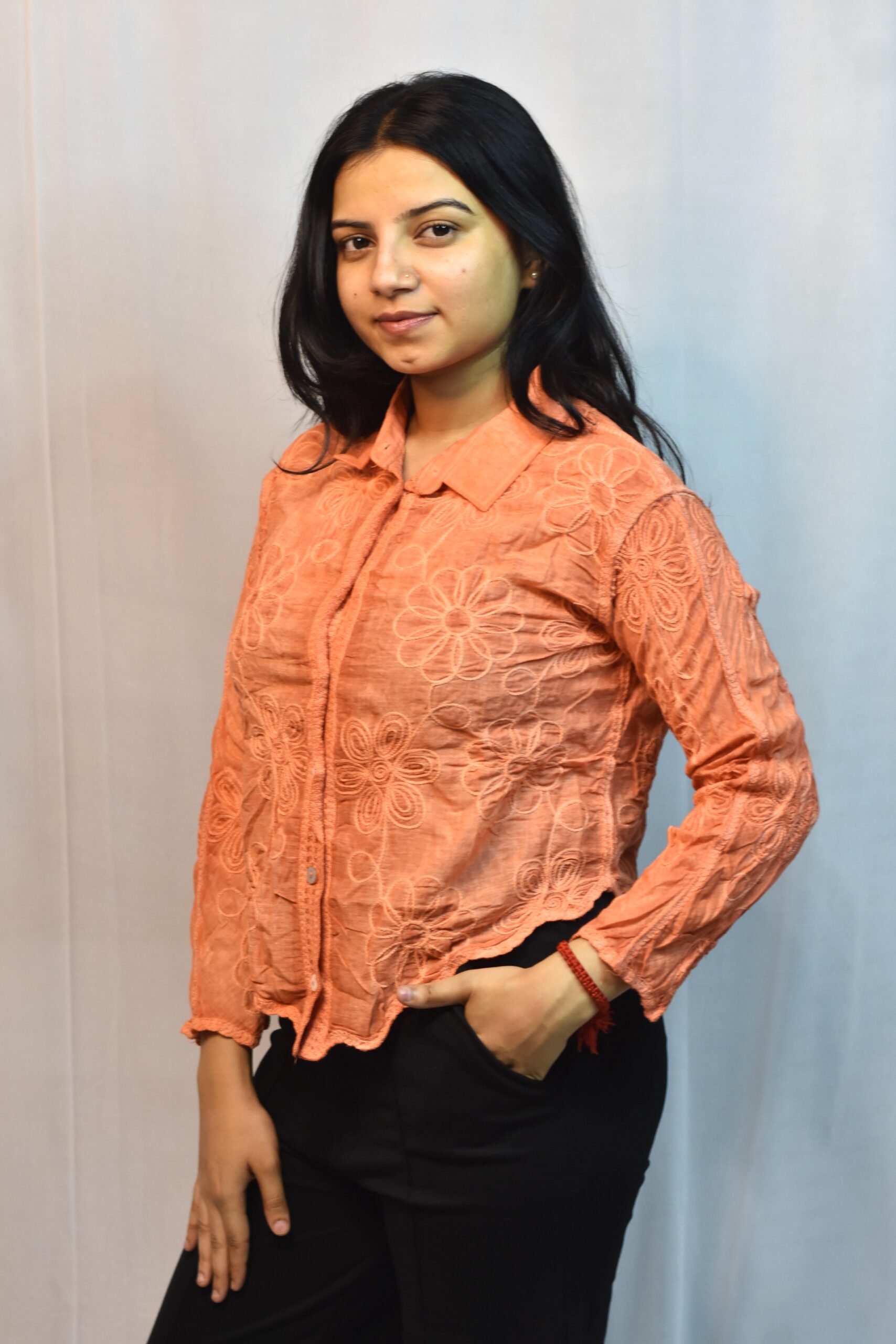 floral embroidered button down shirt (free size)