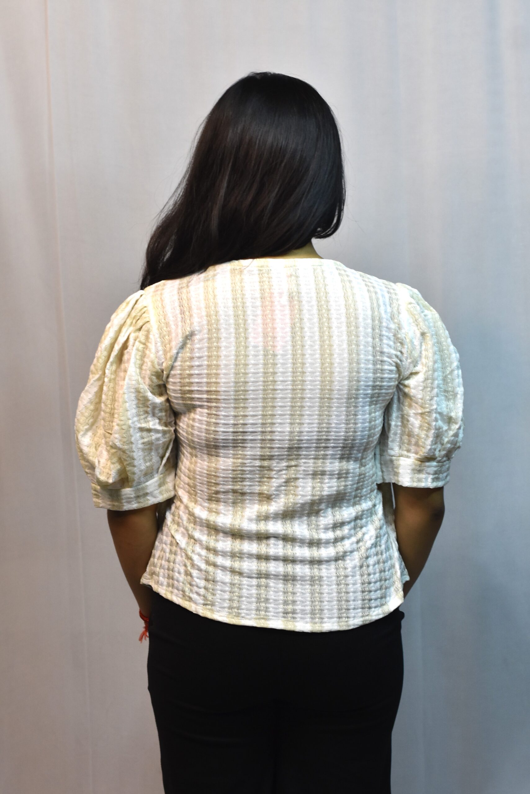 vertical stripe puff sleeve blouse