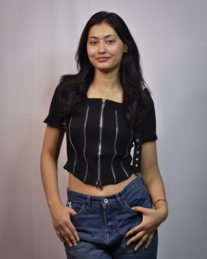 black corset style top with multiple vertical zippers