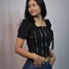 black corset style top with multiple vertical zippers