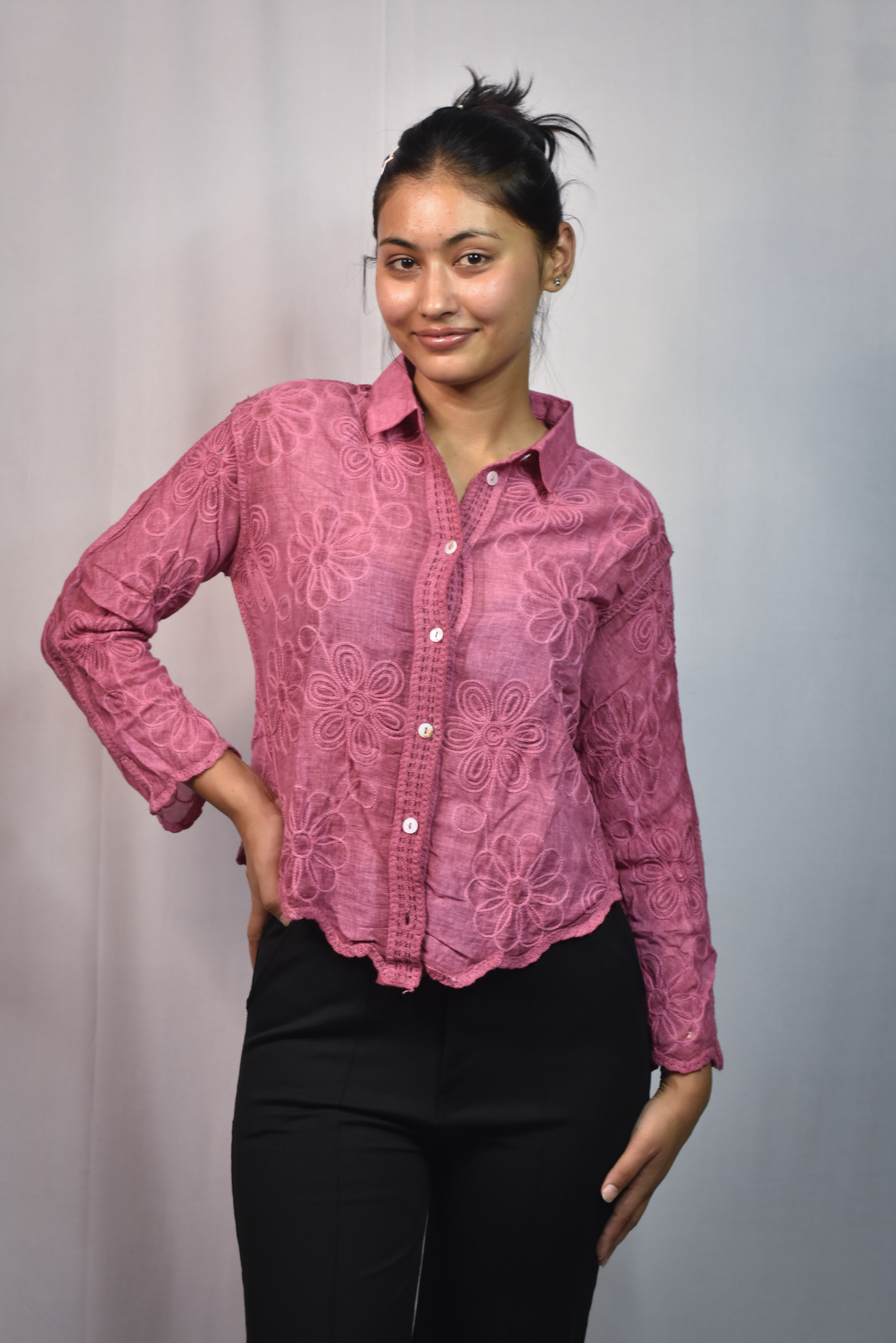 floral embroidered button down shirt (free size)