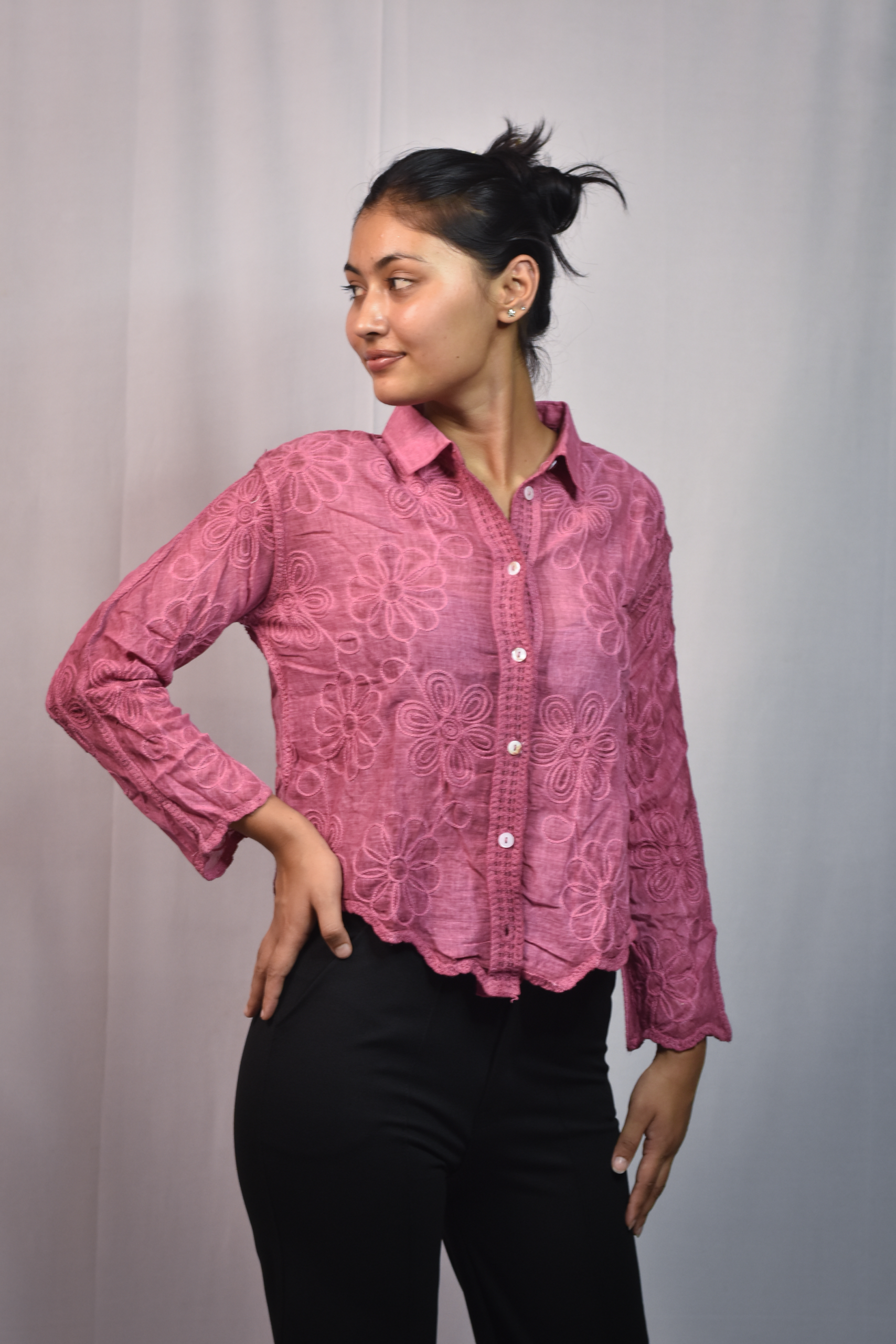floral embroidered button down shirt (free size)