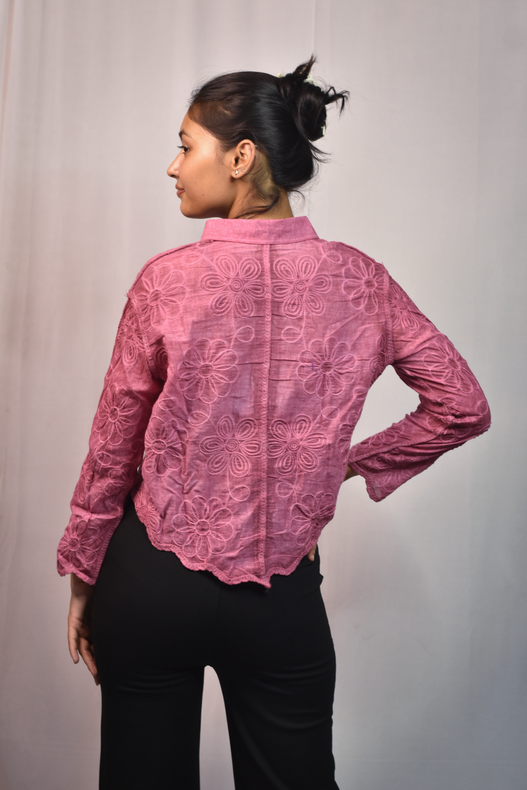 floral embroidered button down shirt (free size)