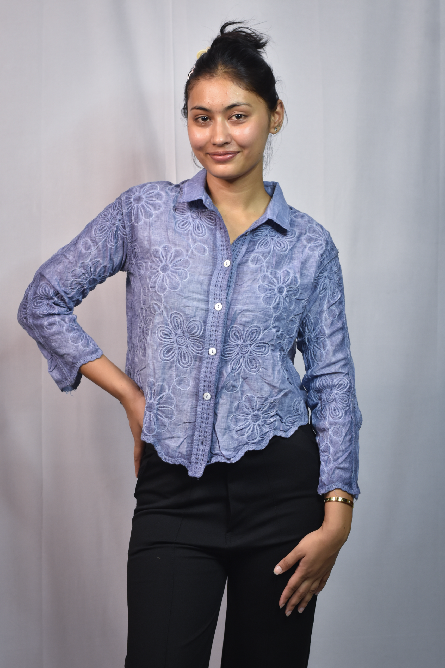 floral embroidered button down shirt (free size)