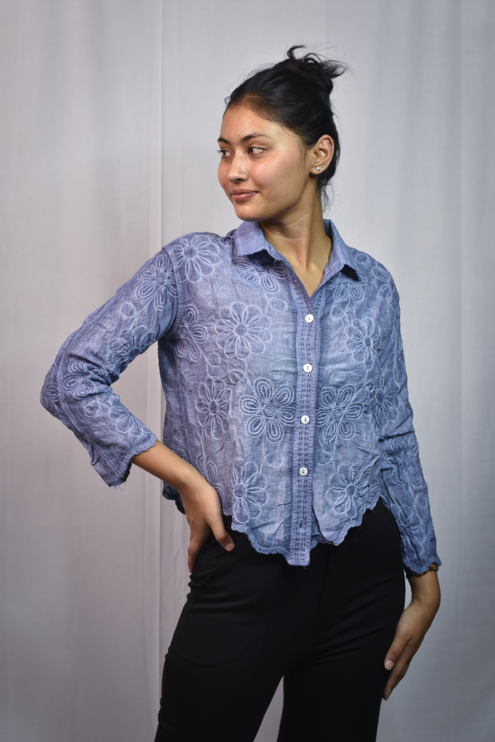 floral embroidered button down shirt (free size)