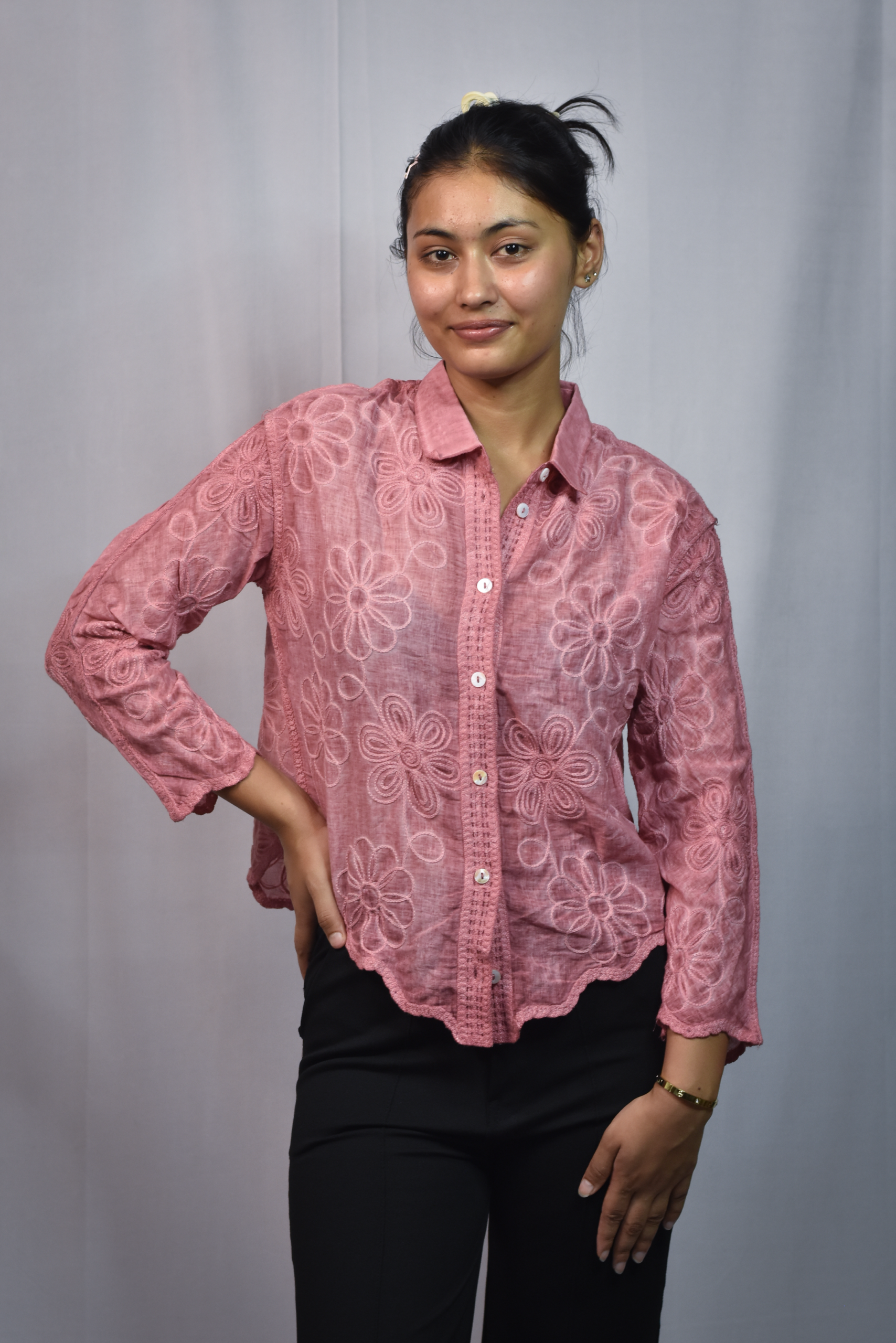 floral embroidered button down shirt (free size)