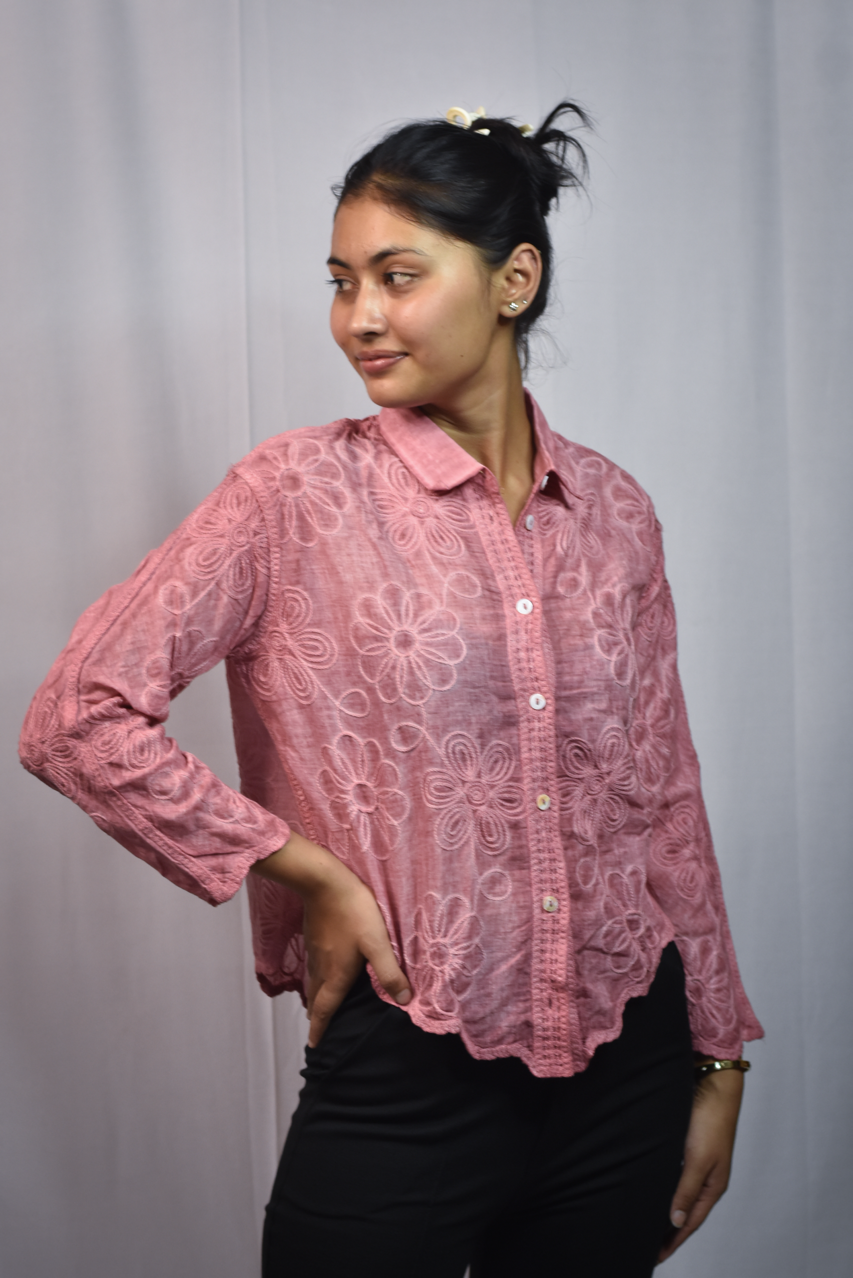 floral embroidered button down shirt (free size)