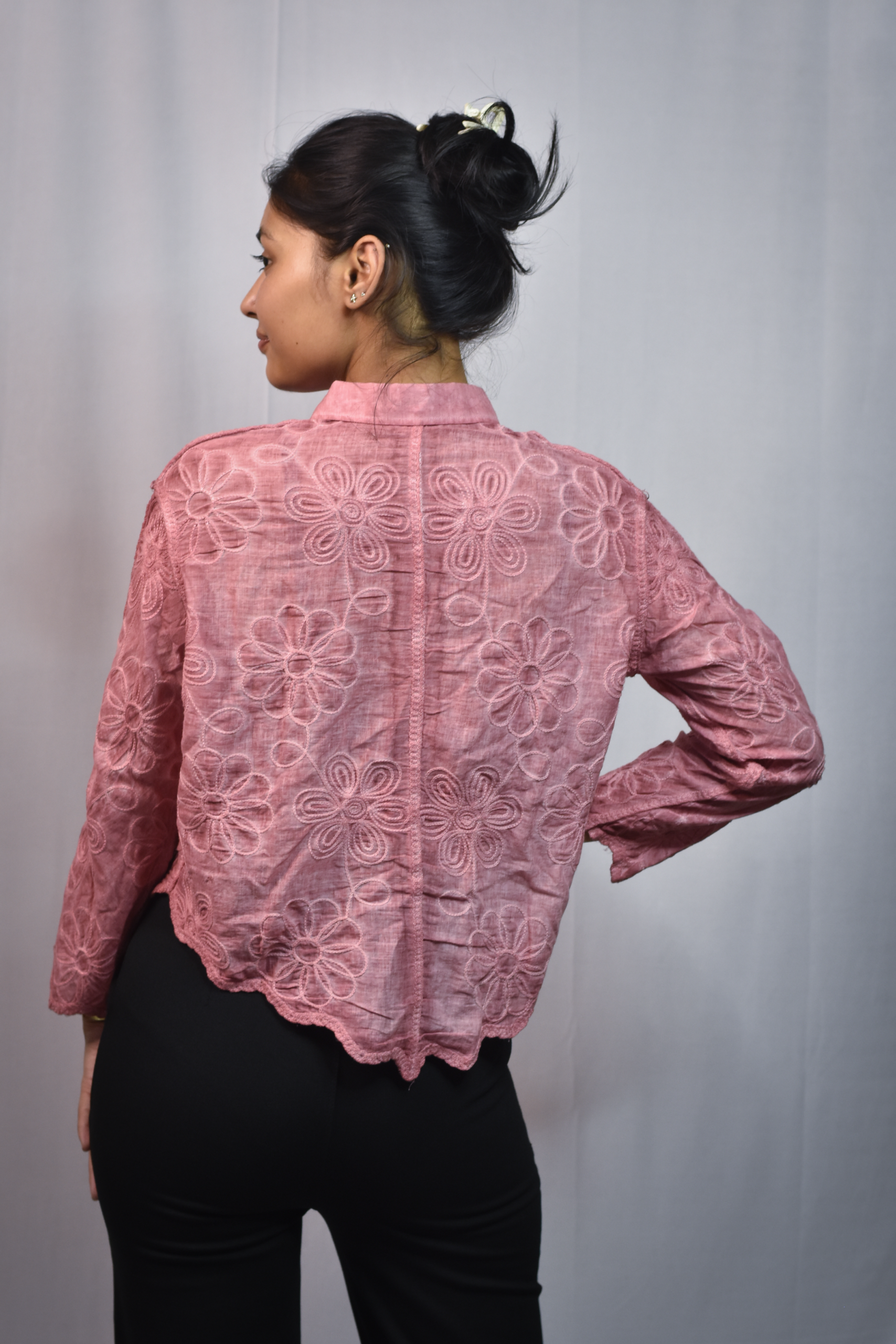 floral embroidered button down shirt (free size)