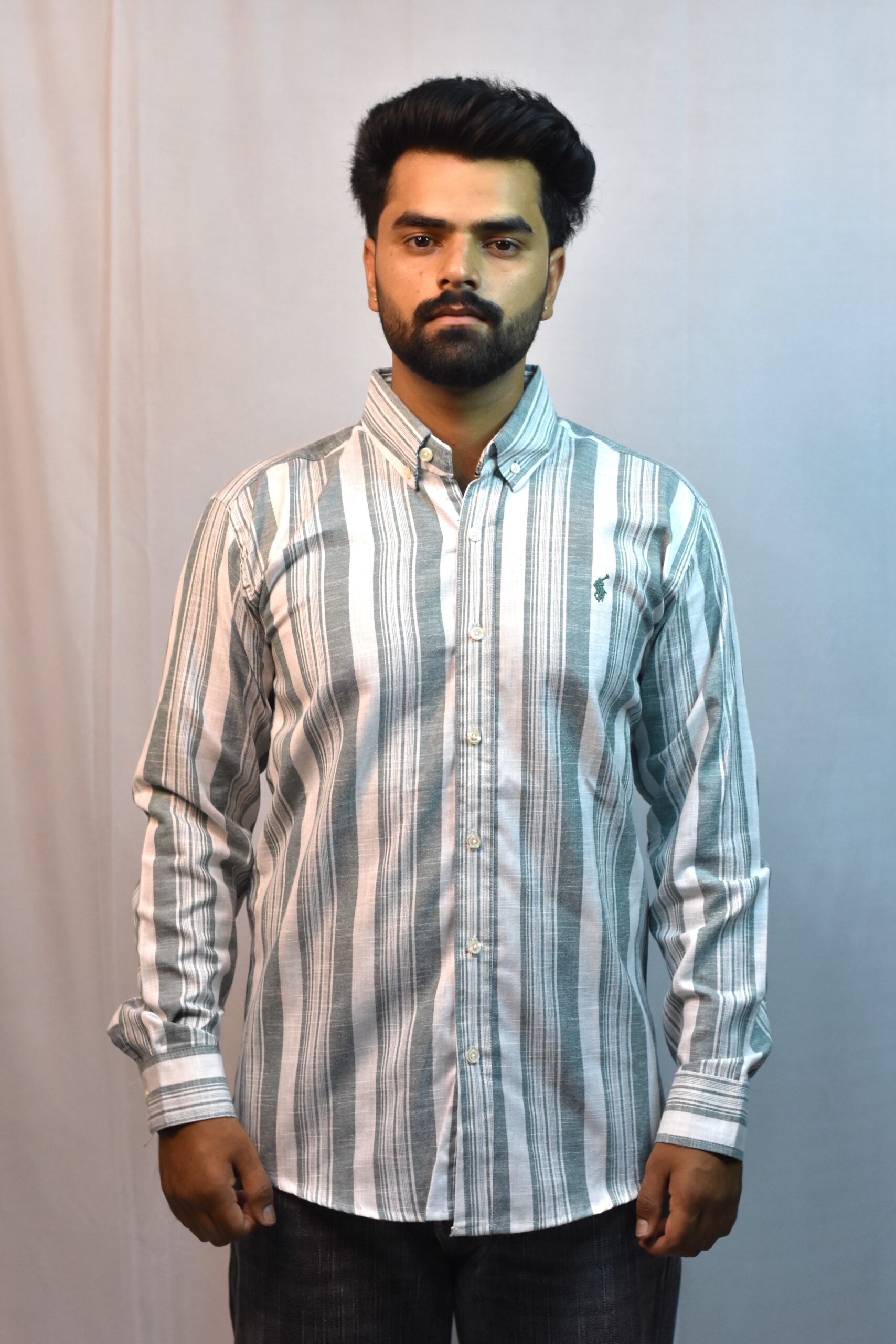light green & white check shirt