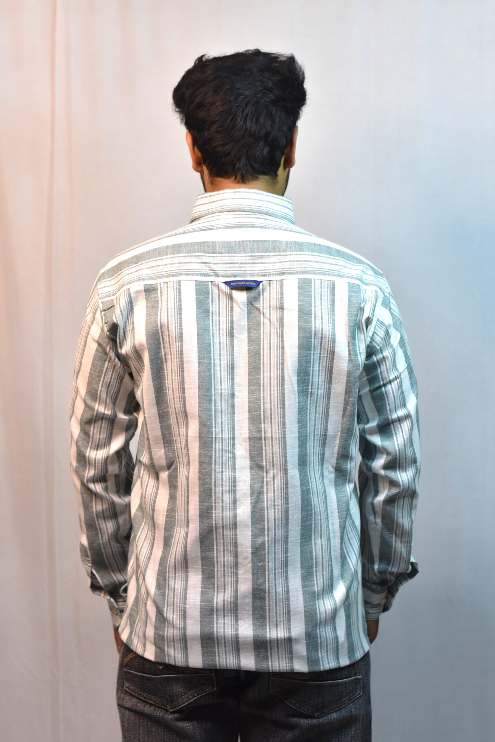 light green & white check shirt