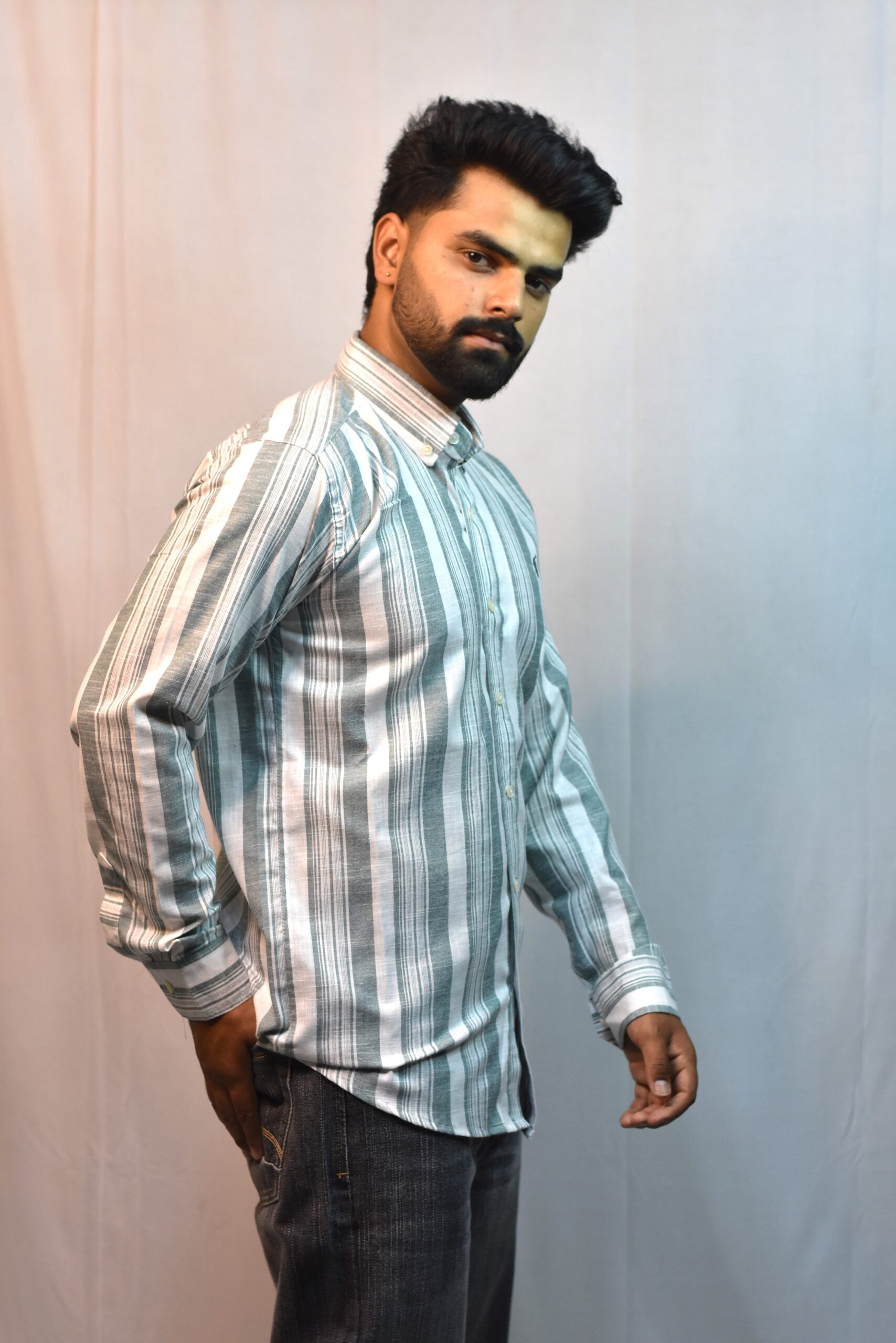 light green & white check shirt